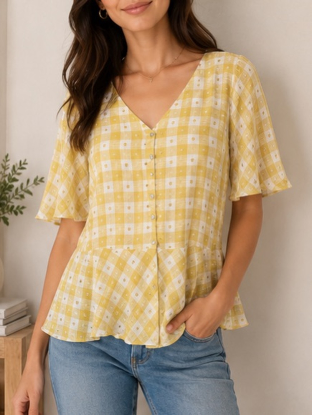 Nanette Lepore Gingham Checkered Peplum Top